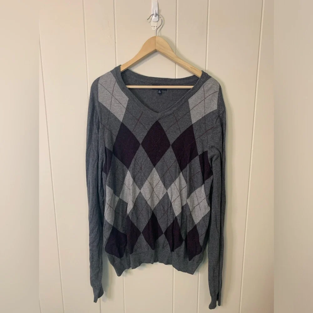 Croft and Borrow Gray Argyle V Neck Sweater Size Extra Large